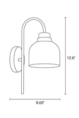Line drawing dimension diagram of brass wall sconce showing 9.05 inch width and 12.6 inch height.