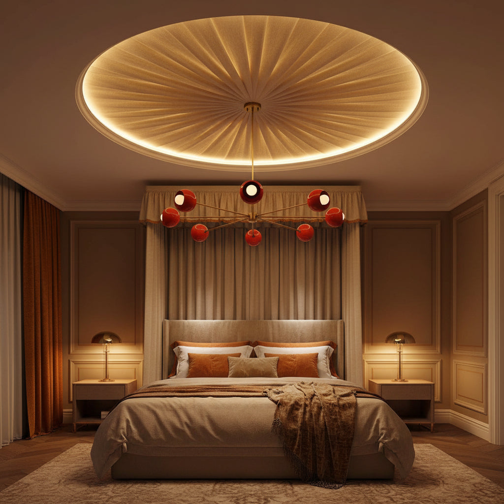 Brighton 8 light sculptural Sputnik chandelier shown from an angled view with glossy red rounded metal shades and brass-tone arms.