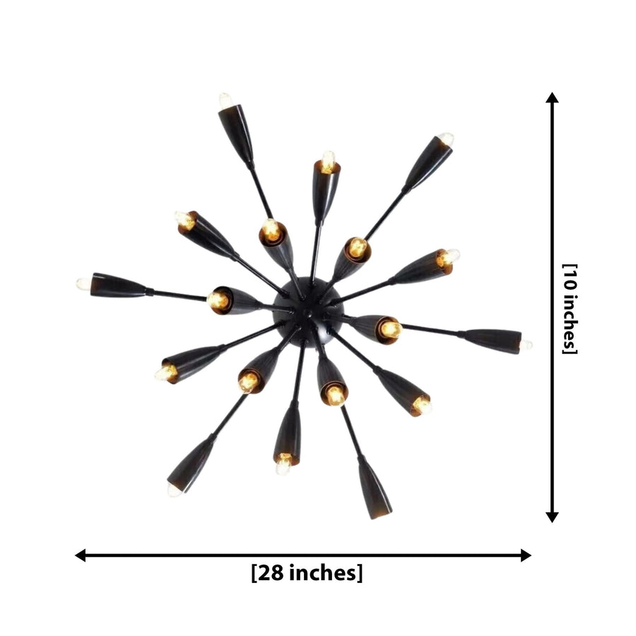 Brooklyn 18 light Sputnik chandelier shown from an alternate side view highlighting its black radial arms and illuminated cone holders.