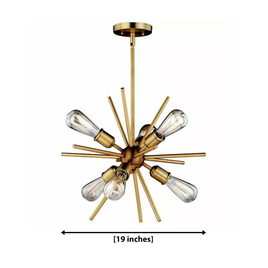 Bruges 6 light brass-tone Sputnik chandelier shown from the front with exposed bulbs and sculptural radiating rods.