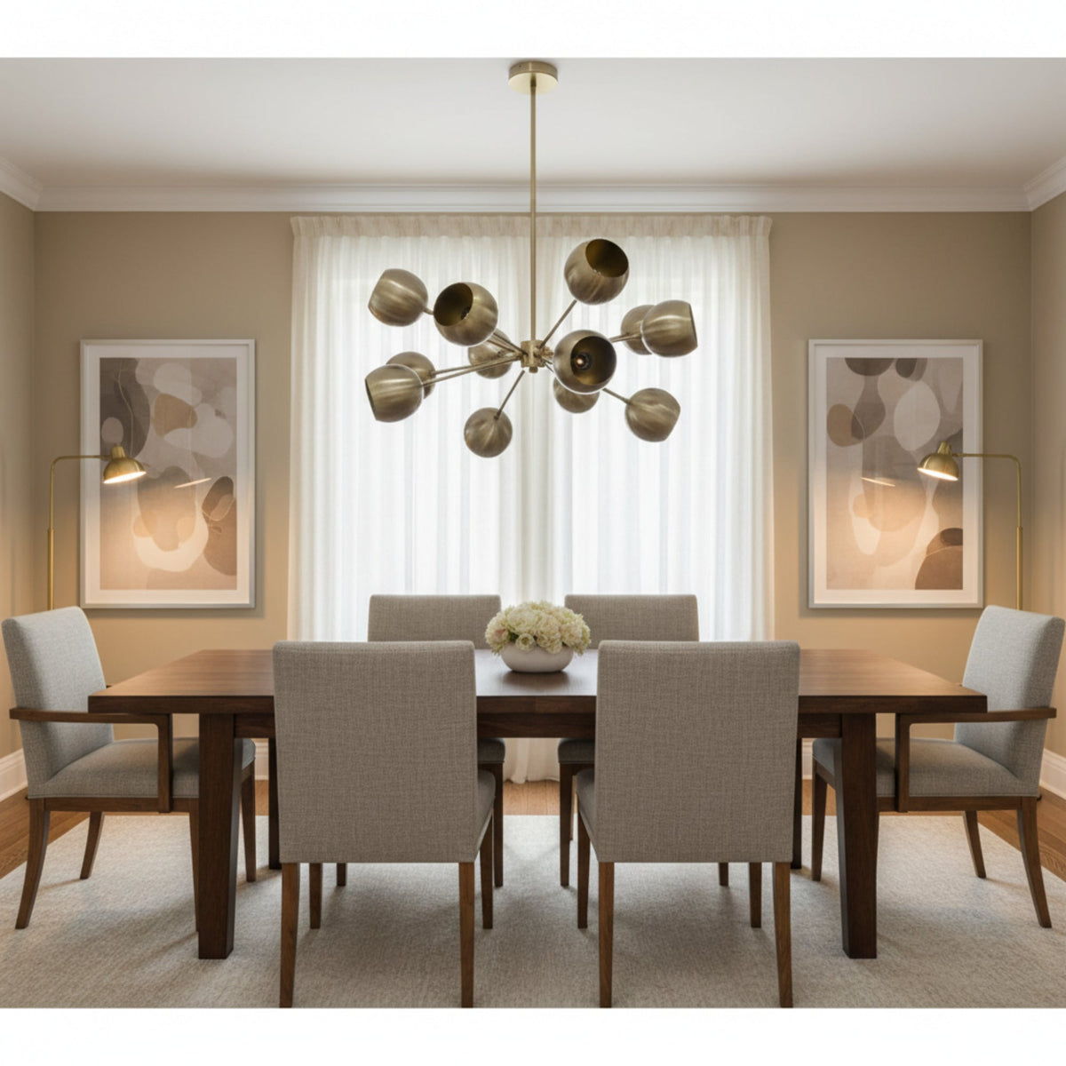 Brussels 12 light aged brass globe chandelier shown in a full product view with sculptural shades and fixed rod suspension.
