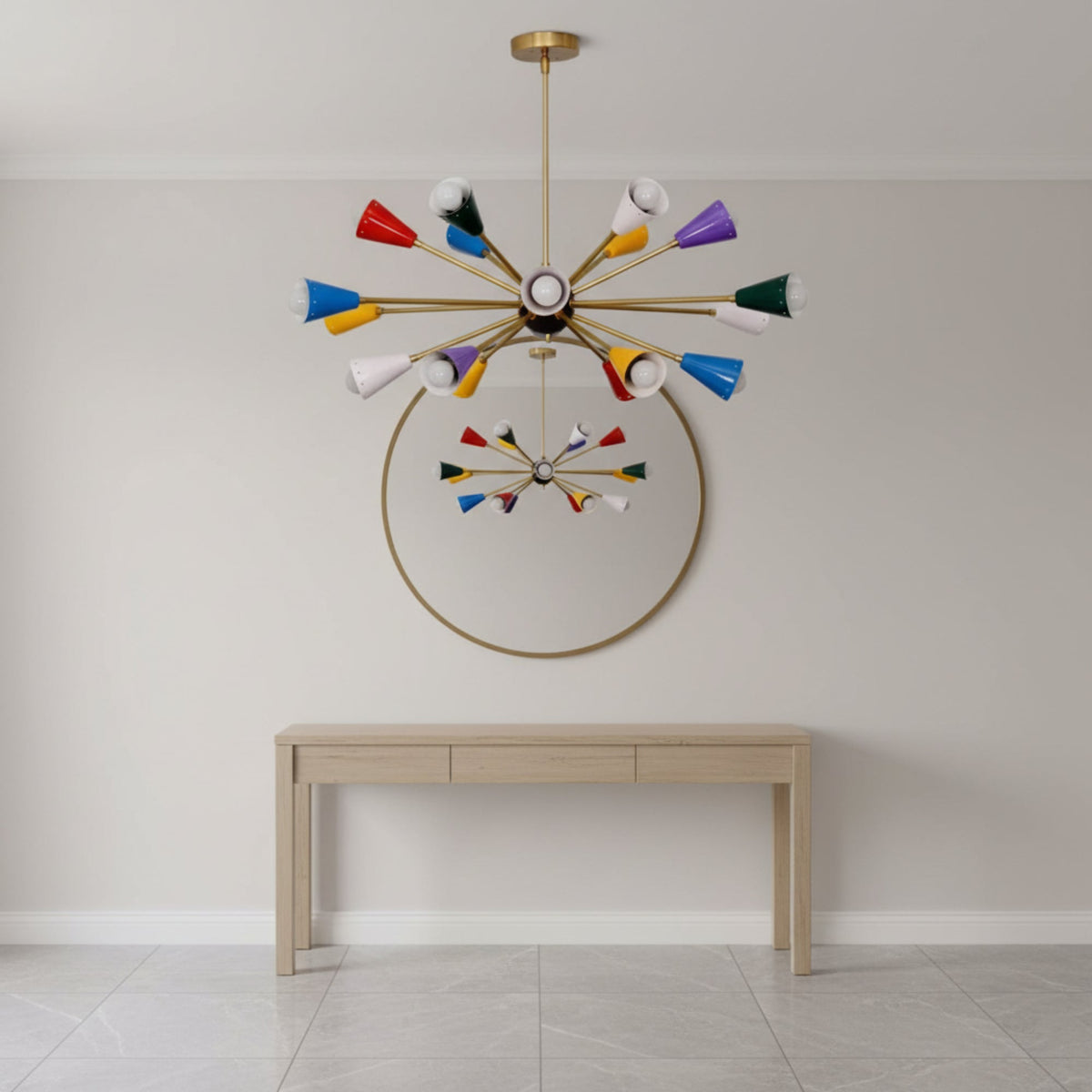 Cairo 18 light colorful Sputnik chandelier shown from a side angle with brass-tone arms, cone shades, and exposed globe bulbs.