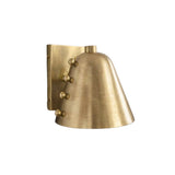 Side angle view of the Cambria Studded Dome Wall Sconce featuring a handcrafted brass tapered dome shade with decorative brass studs.