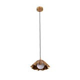 Front view of the Cambria Fluted Petal Pendant Light featuring a handcrafted fluted brass shade with an exposed frosted globe bulb and adjustable suspension cord.
