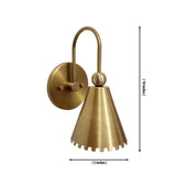 Cambria Scalloped Cone Wall Sconce dimensions showing 10-inch height and 5-inch width with handcrafted scalloped brass cone shade and curved arm.