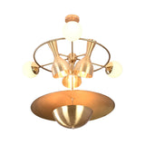 Capri Globe Disc Chandelier close product view with glowing globe lights, bottle shades, and layered disc detail.