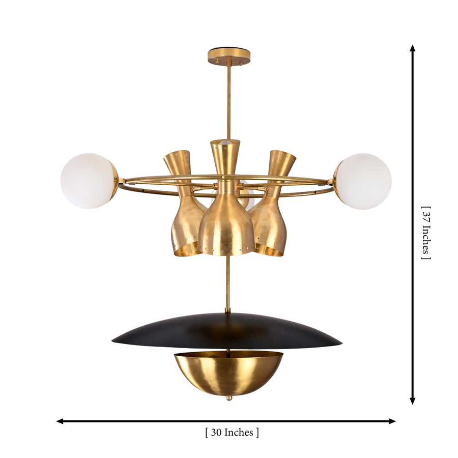 Capri Globe Disc Chandelier styled in a modern living room with warm lighting and elegant interior décor.