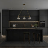 Casablanca 6 light Mid-Century Modern chandelier shown from an alternate view with white dome shades and brass-tone suspension rods.