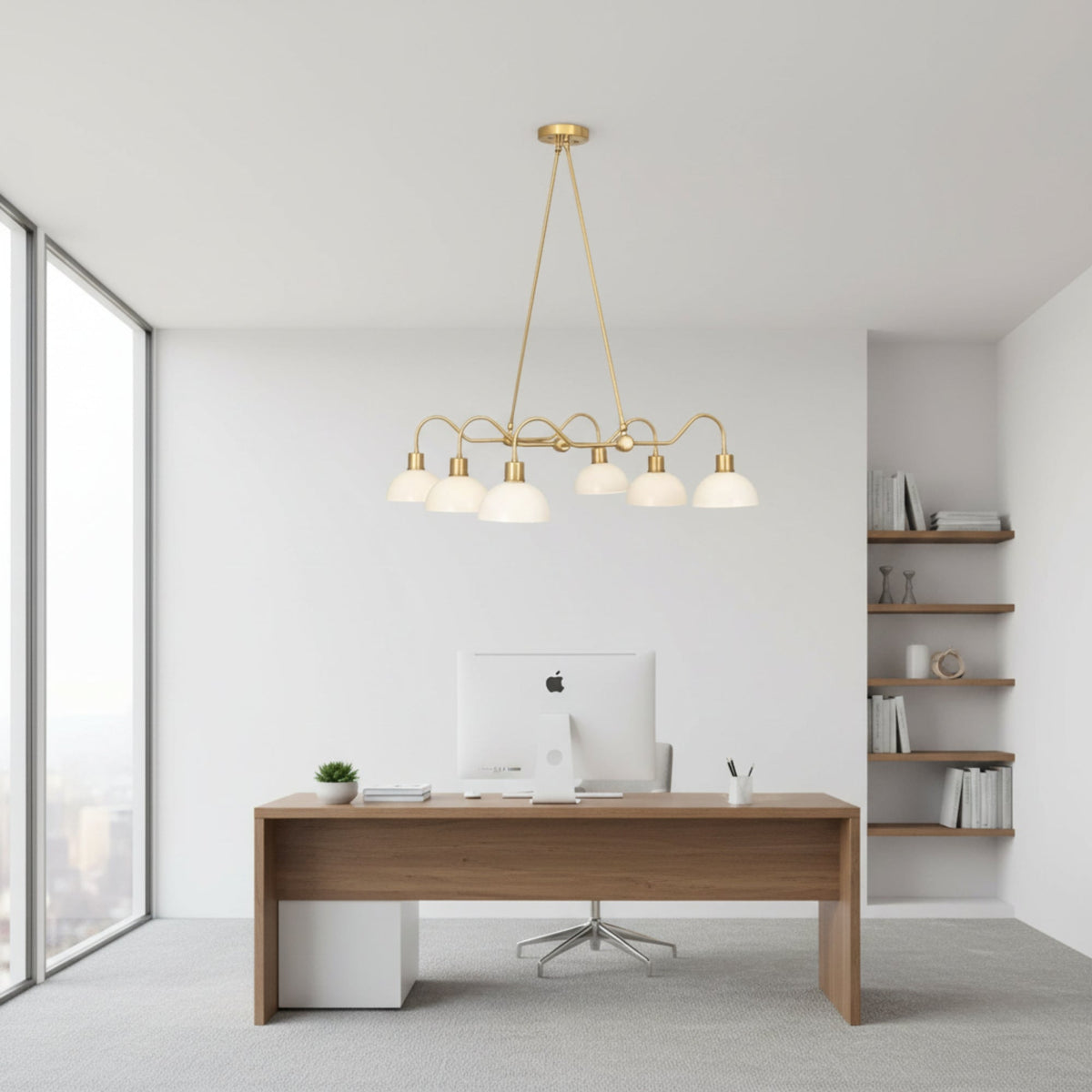 Casablanca 6 light sculptural chandelier shown from the side with curved brass-tone arms and six white dome shades.