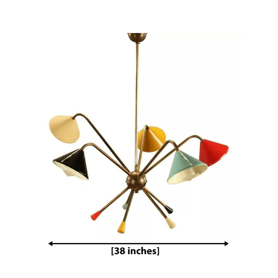 Catania 5 light Mid-Century Modern chandelier with colorful cone shades and brass-tone sculptural arms shown from an angled view.