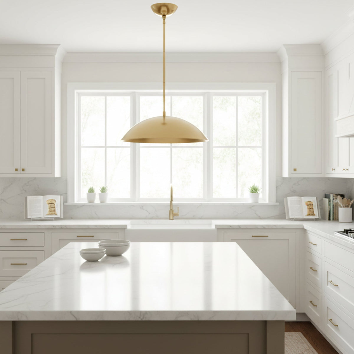 Chelsea 1 light brass dome pendant chandelier shown in a full-length view with brass ceiling canopy, downrod, and wide dome shade.
