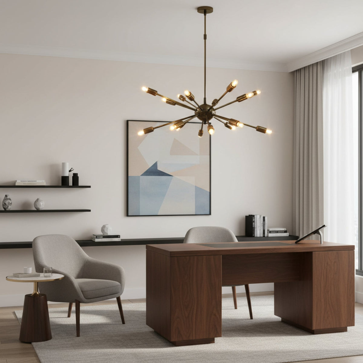 Chiang Mai 16 light Sputnik chandelier shown illuminated with warm glowing bulbs and a sculptural brass-tone starburst design.