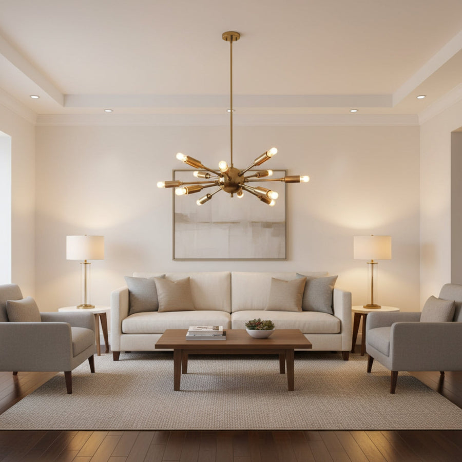 Chicago 12 light brass-tone Sputnik chandelier shown illuminated from an angled view with exposed bulbs and sculptural radial arms.