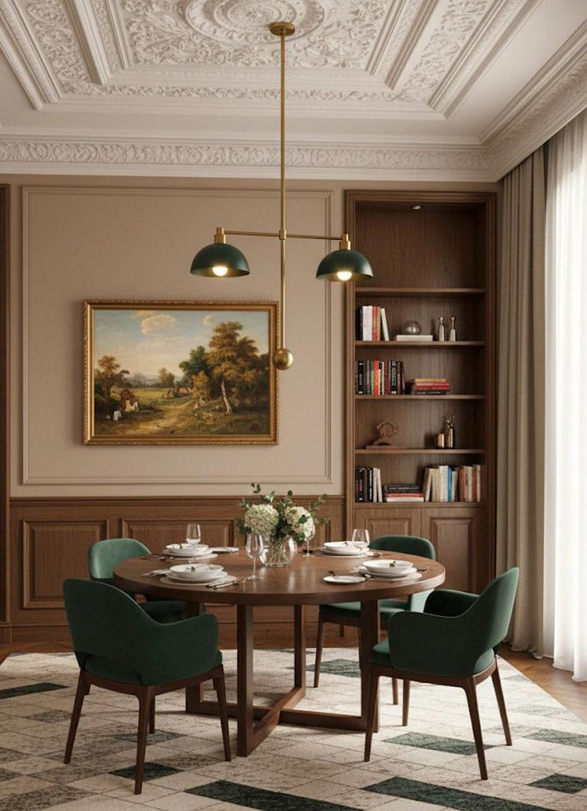 Elegant dining room with classic wall detailing, wooden furniture, and a brass pendant light with green dome shades.