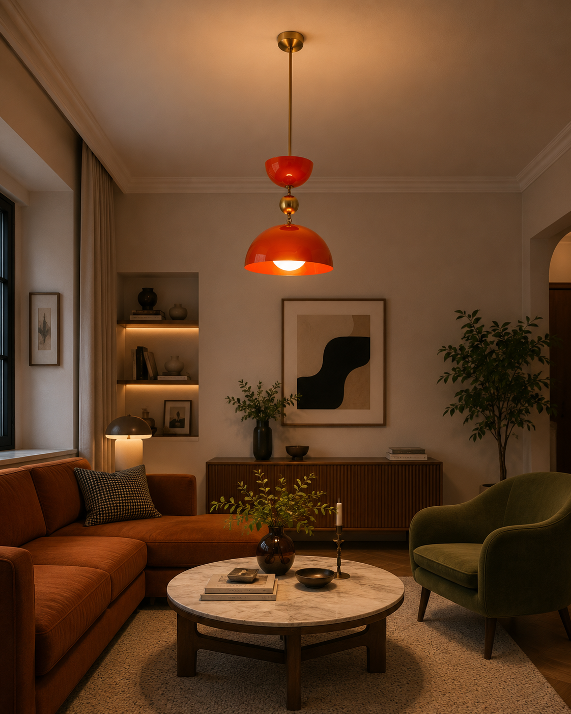 Cologne 1 light orange-red dome pendant illuminating a stylish Mid-Century Modern living room with warm wood furniture and contemporary decor.