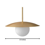 Corfu 1 light brass disc globe pendant dimension view showing a 12 inch wide fixture.