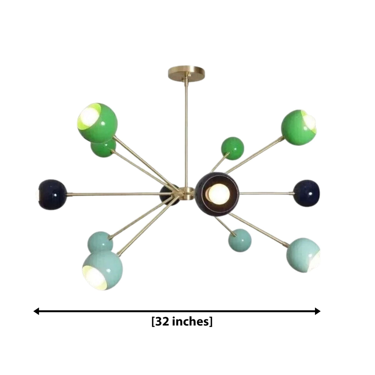 Crete 12 light multicolor Sputnik chandelier dimension view showing 32 inch width with green, aqua and navy spherical shades.