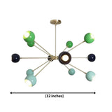 Crete 12 light multicolor Sputnik chandelier dimension view showing 32 inch width with green, aqua and navy spherical shades.