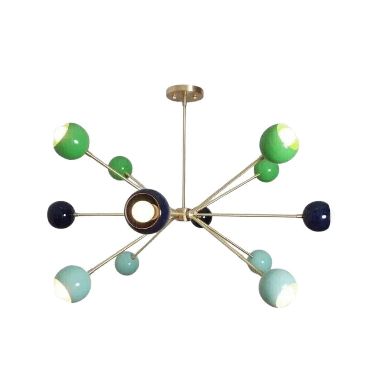 Crete 12 light brass-tone Sputnik chandelier shown from the front with green, aqua and deep navy spherical metal shades.