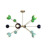 Crete 12 light brass-tone Sputnik chandelier shown from the front with green, aqua and deep navy spherical metal shades.