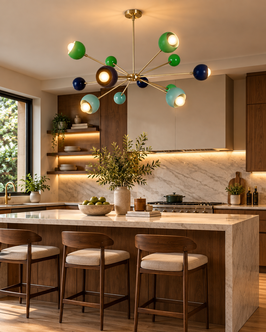 Crete 12 light multicolor Sputnik chandelier illuminated above a marble kitchen island in a warm modern kitchen interior.