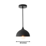 Delphi 1 light black dome pendant dimension view showing an 8 inch wide metal shade with exposed globe bulb.