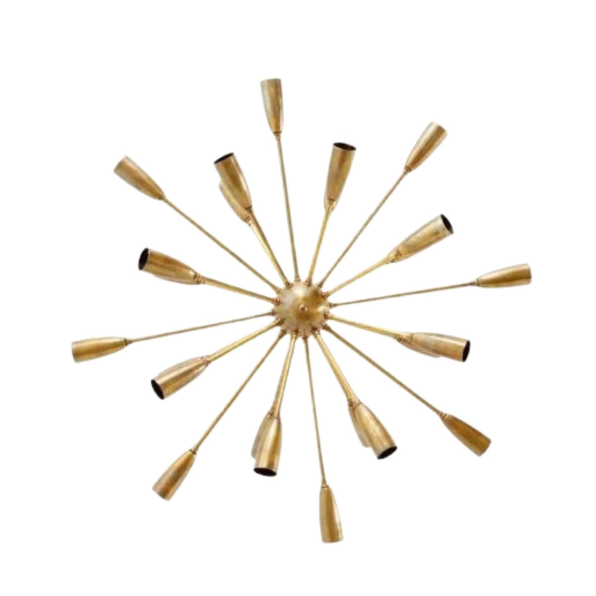 Dijon 24 light antique brass Sputnik chandelier shown from the top with radial arms and tapered cone bulb holders.