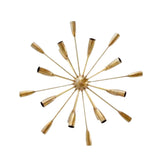 Dijon 24 light antique brass Sputnik chandelier shown from the top with radial arms and tapered cone bulb holders.