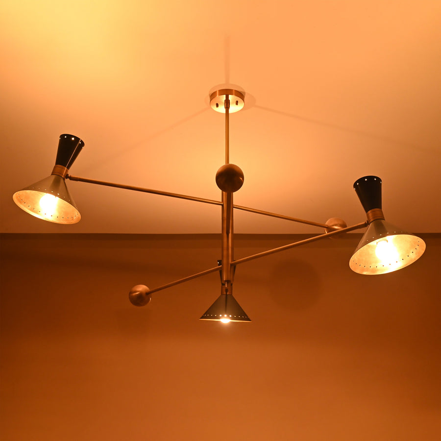 Mid-century modern 6 light brass chandelier with black cone shades and adjustable arms
