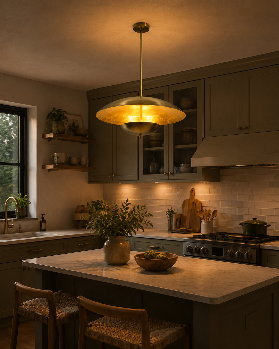 Dresden 4 light brass dome chandelier displayed above a kitchen island with warm ambient lighting and elegant contemporary decor.