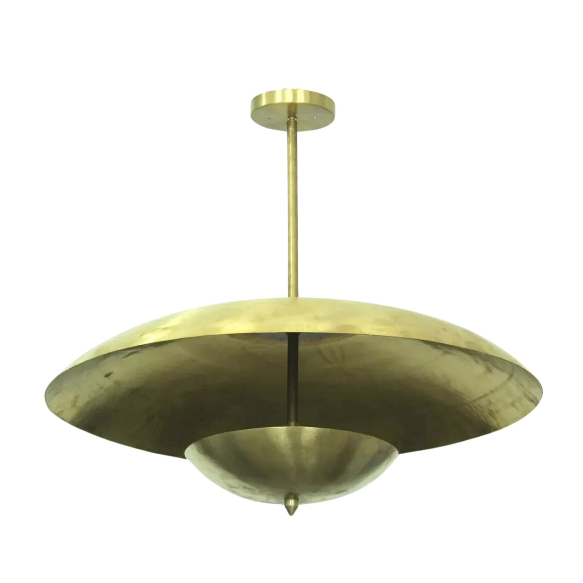 Dresden 4 light sculptural chandelier shown from a lower angle featuring the broad brass dome and suspended metal bowl.