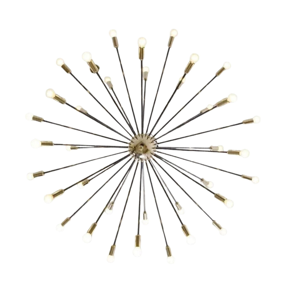 Dublin 32 light Sputnik chandelier shown from below highlighting the radial starburst arrangement of black arms and brass sockets.