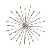 Dublin 32 light Sputnik chandelier shown from below highlighting the radial starburst arrangement of black arms and brass sockets.
