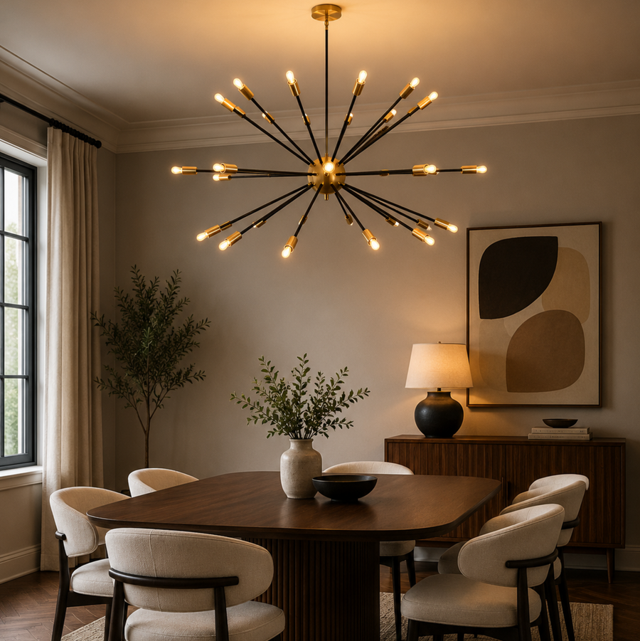 Dublin 32 light black and brass Sputnik chandelier illuminated above a dining table in a warm Mid-Century Modern interior.
