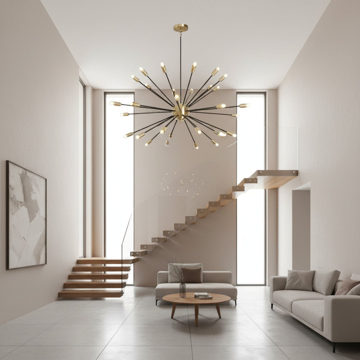 Dublin 32 light Mid-Century Modern starburst chandelier with black arms and brass socket details on a white background.