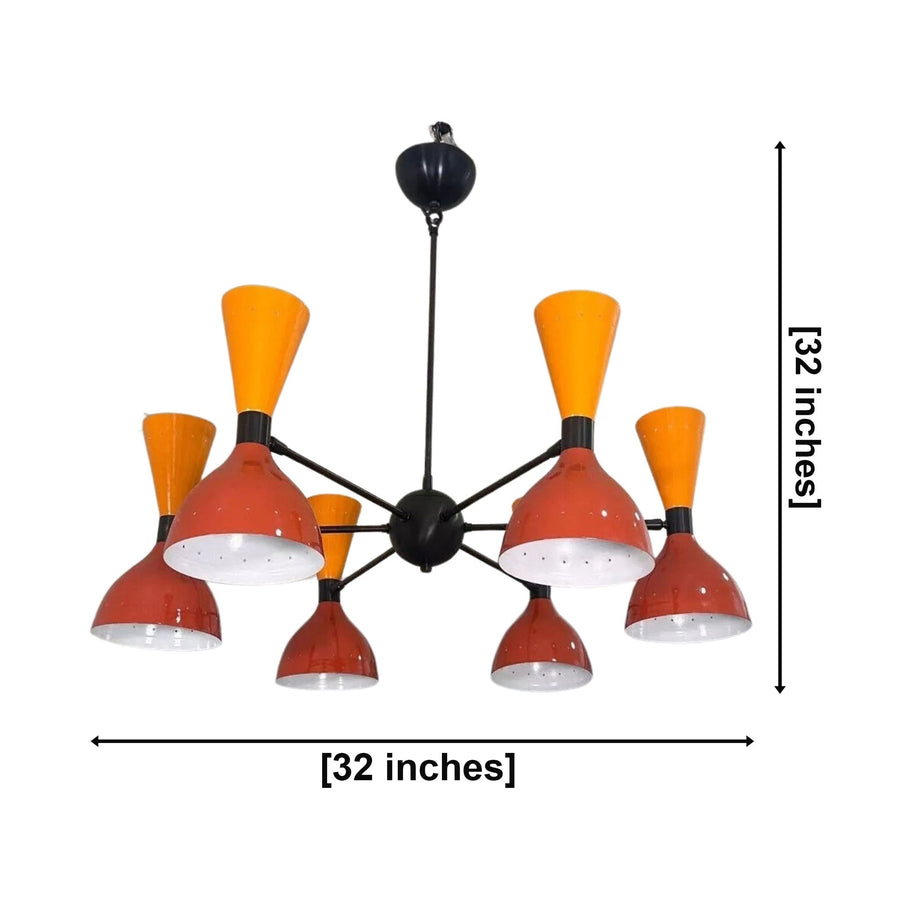 Edinburgh 12 light Mid-Century Modern chandelier with orange and red two-tone metal shades and black multi-arm frame shown from the front.