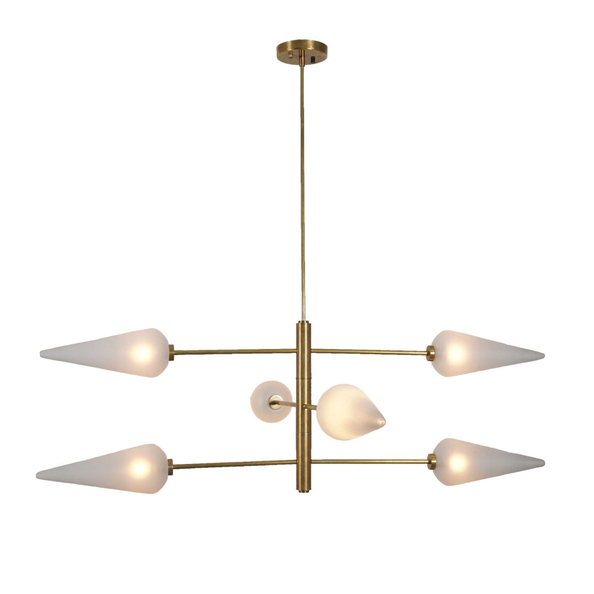Mid-century inspired 6-light brass chandelier with frosted glass cone shades, shown in front view highlighting symmetrical design and warm illumination.