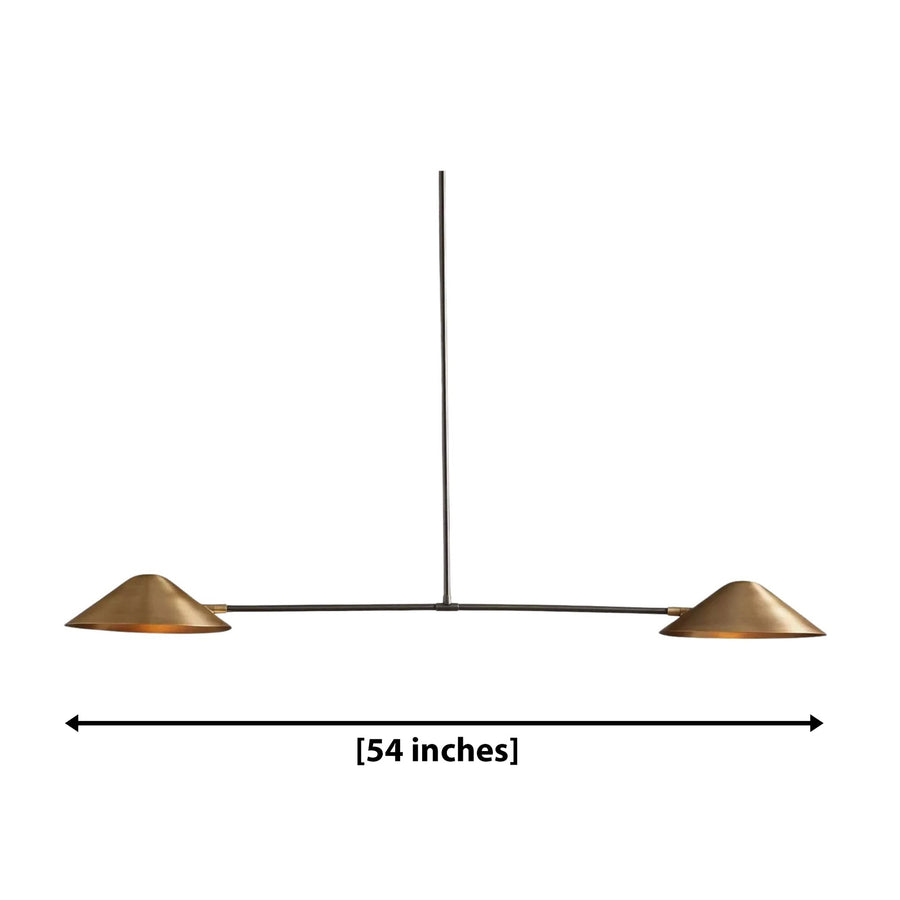 Hamburg 2 light linear chandelier shown from the front with symmetrical brass cone shades and long central downrod.