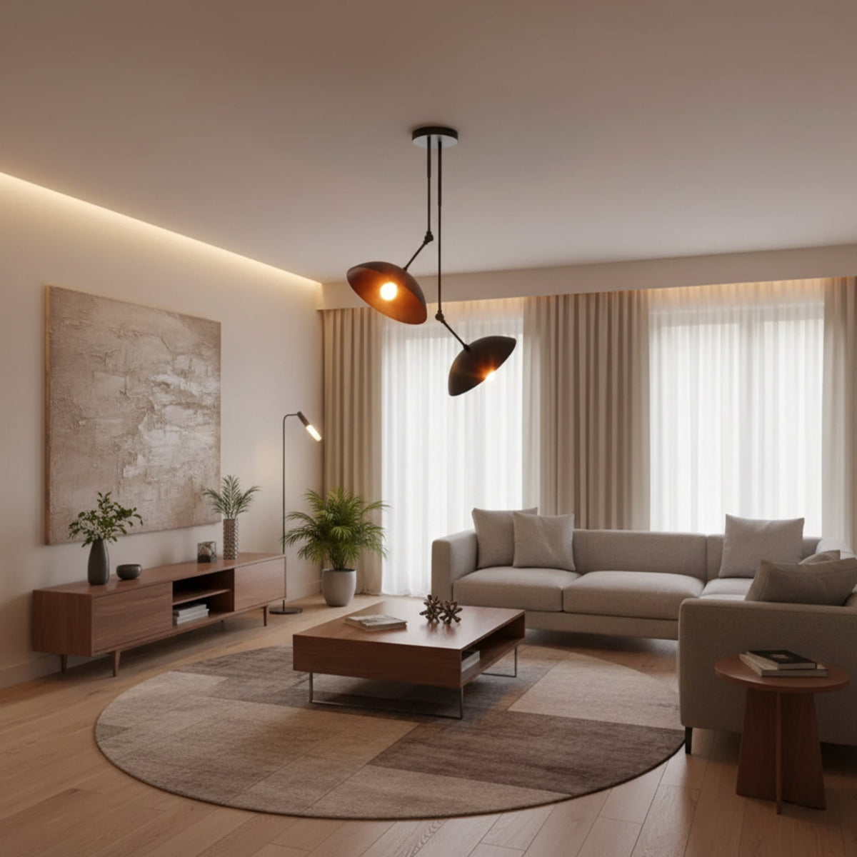 Hanoi 2 light dark metal disc chandelier shown from an angled view with sculptural shades and articulated arms.