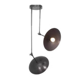 Hanoi 2 light sculptural disc chandelier shown from the side highlighting its asymmetric suspension and articulated metal arms.
