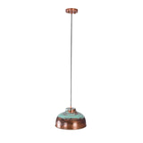 Rear view of the Hudson aged copper dome pendant light displaying the handcrafted copper dome shade, verdigris patina finish, and adjustable hanging cord.