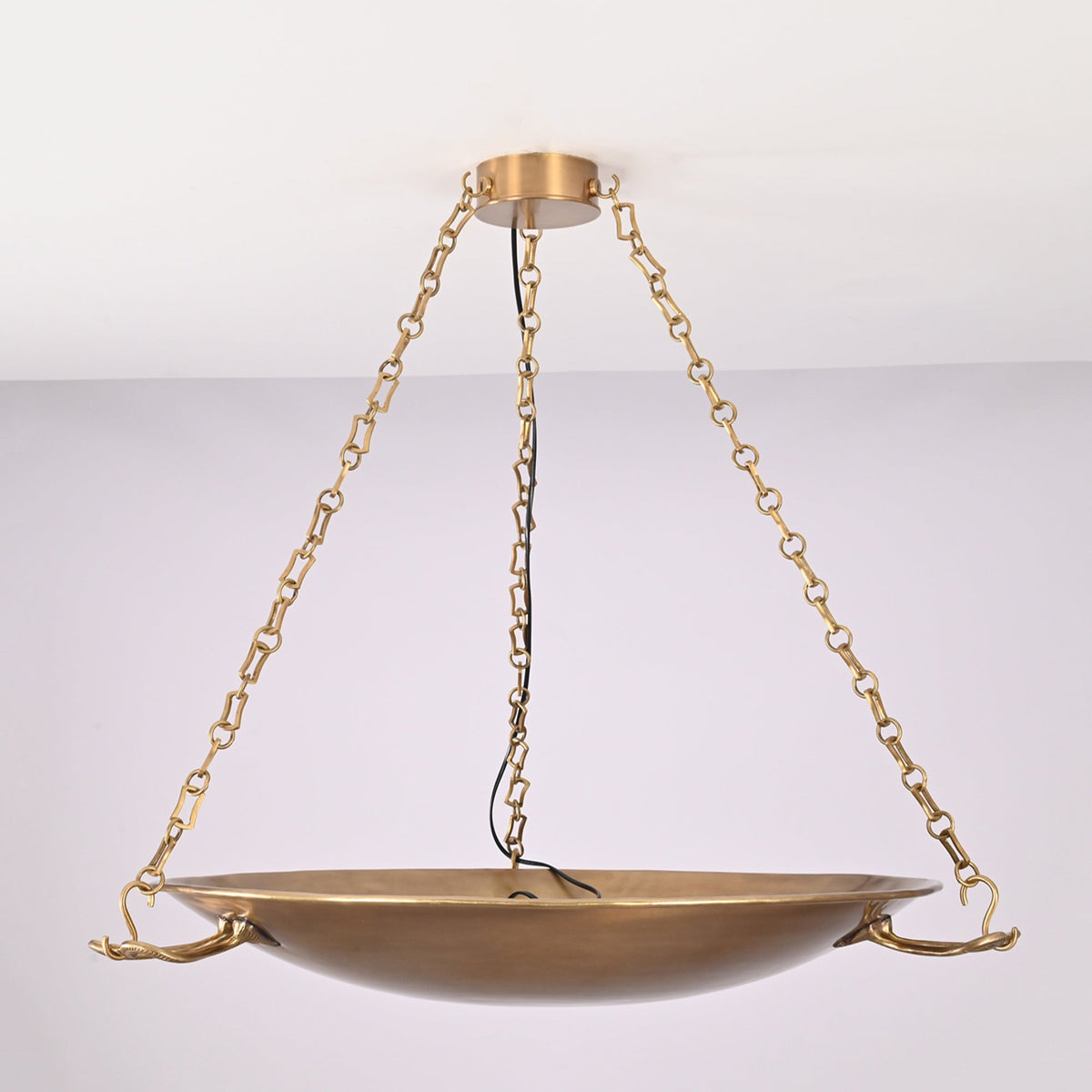 Front view of the Hudson Artisan Bowl Chandelier featuring a handcrafted suspended metal bowl with decorative branch-style supports and three-chain suspension.