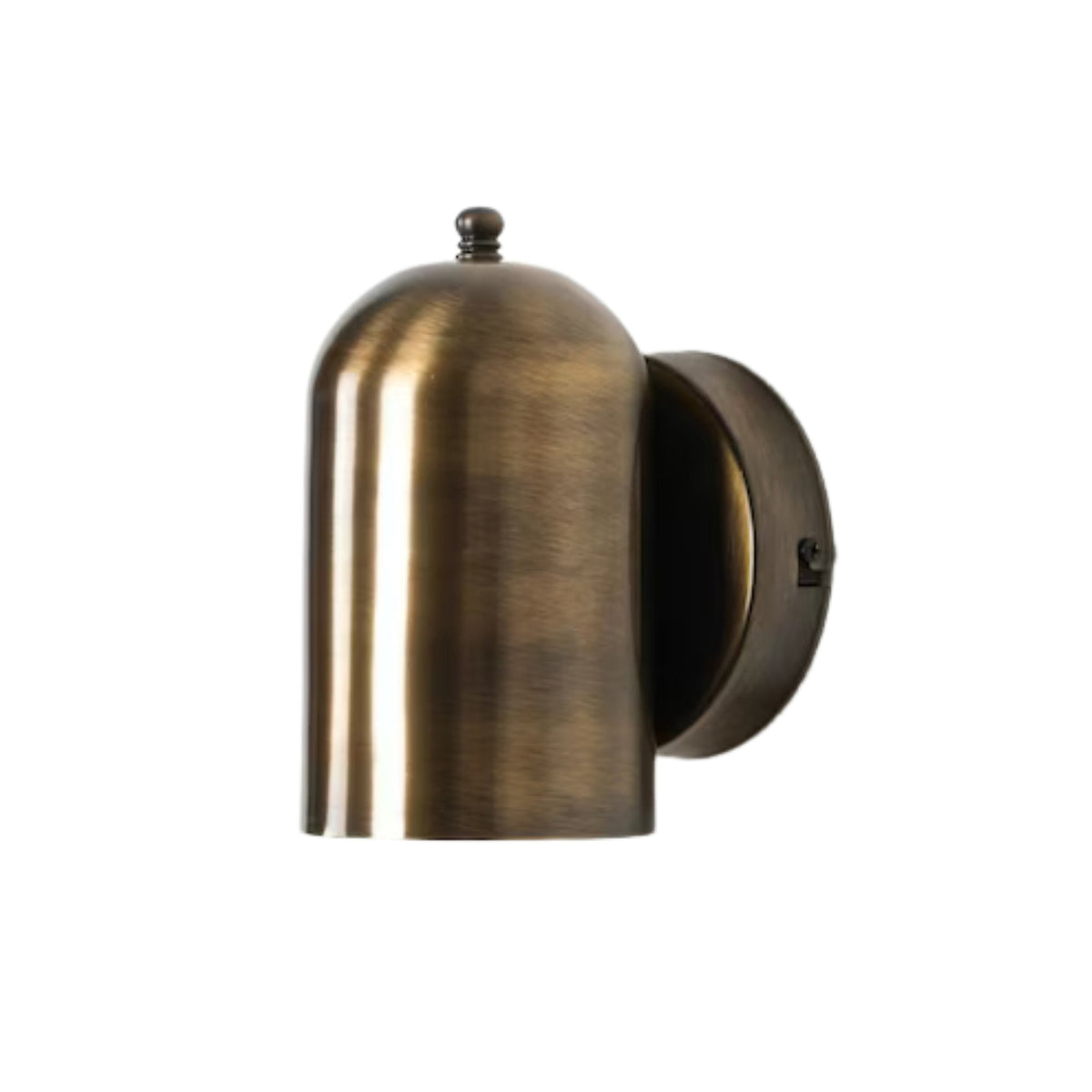 Side perspective of the Hudson Dome Wall Sconce showcasing its rounded brass dome shade and circular wall canopy with a clean architectural profile.