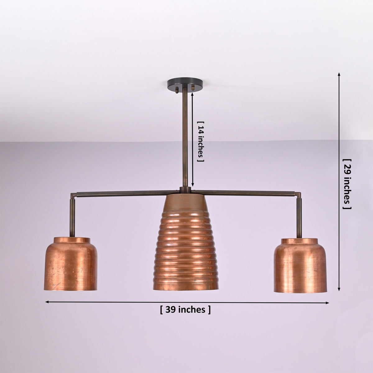 Dimension diagram of the Hudson Modern Linear Three Shade Chandelier showing 39-inch width, 29-inch overall height, and 14-inch suspension rod.