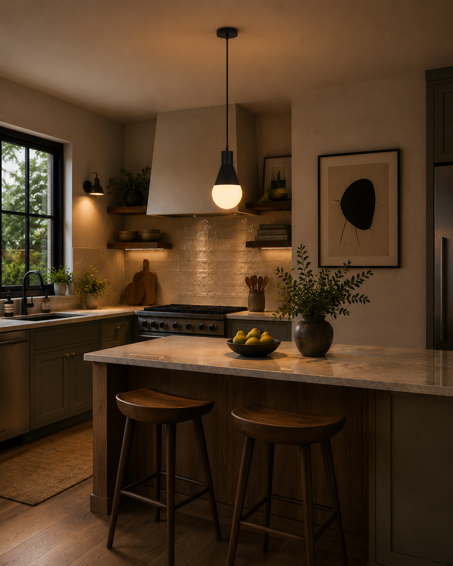 Hudson minimalist exposed bulb pendant light installed above a modern kitchen island, providing warm task lighting in a contemporary interior.