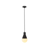 Illuminated front view of Hudson minimalist exposed bulb pendant light with warm glowing frosted globe and matte black tapered socket.