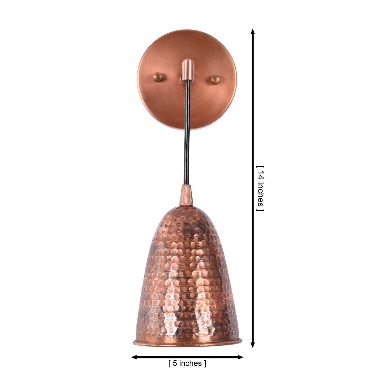 Dimension drawing of the Hudson Modern Hammered Copper Cone Wall Sconce showing a 14-inch overall height and 5-inch shade width with a handcrafted hammered copper cone shade.