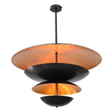 Angled front view of the Hudson Modern Layered Disc Chandelier featuring sculptural black layered metal discs with warm brass reflective interiors.