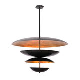 Front view of the Hudson Modern Layered Disc Chandelier showcasing a four-tier layered disc design with matte black exterior and warm metallic interior.
