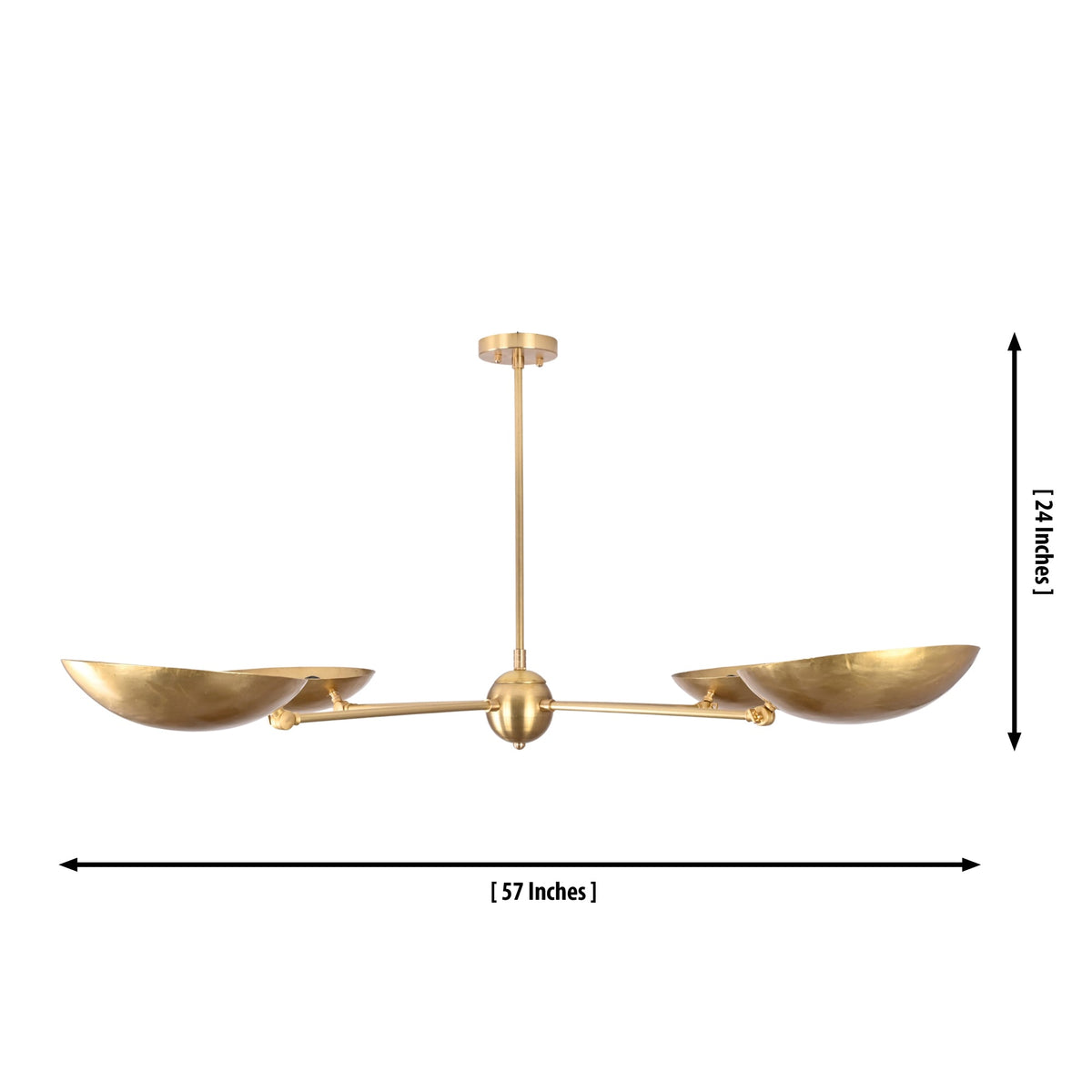 Dimension guide of the Hudson Modern Quad Bowl Chandelier showing a 57-inch width, 24-inch height, and fixed downrod suspension.